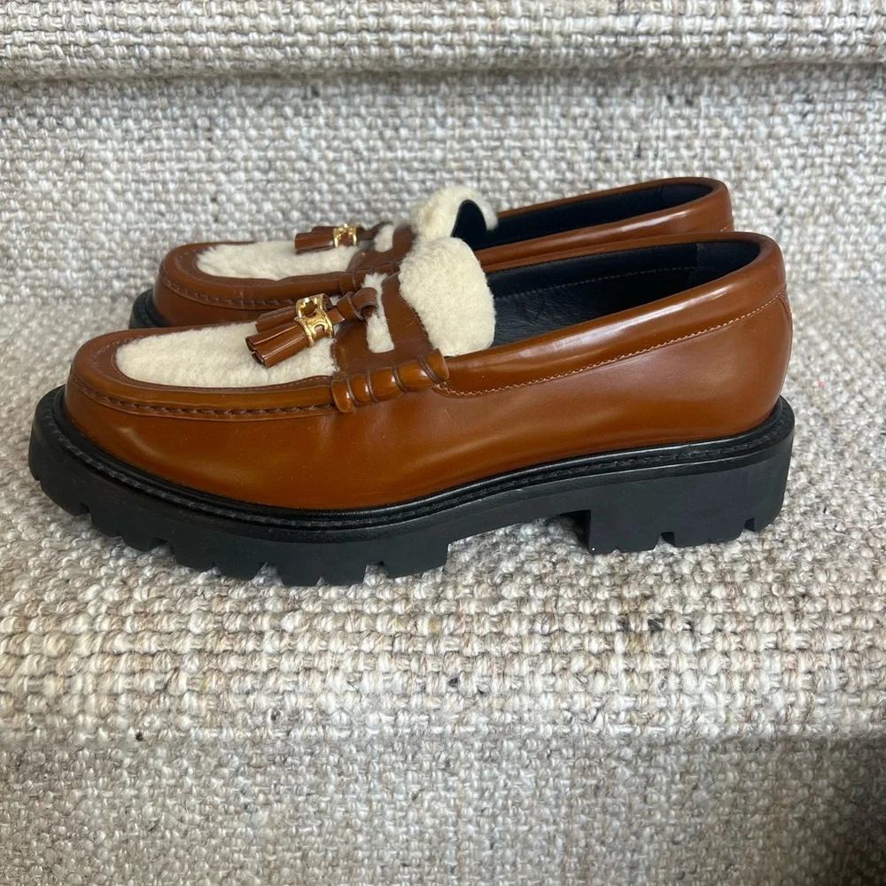 Celine Margaret Triomphe Tan Leather Shearling Loafers with Tassel 38 - Picture 5 of 7